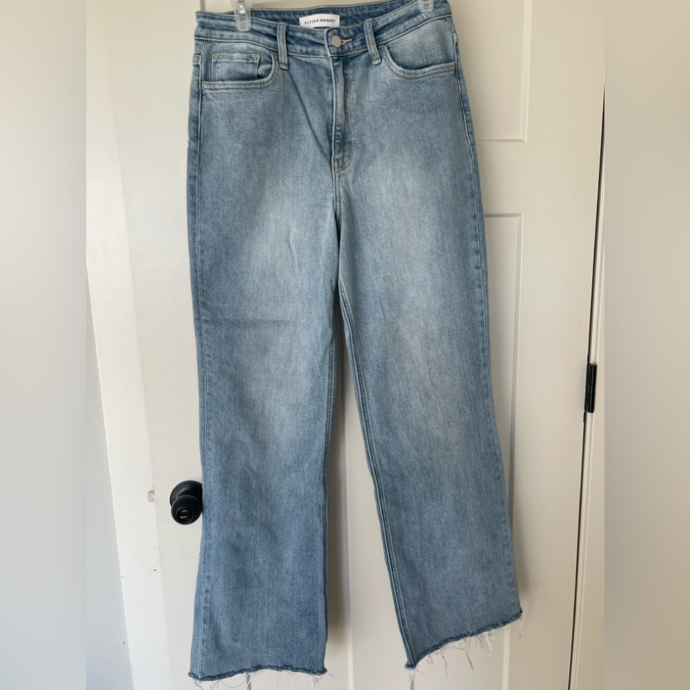 Flying Monkey high rise flare denim. Runs big, long and with stretch
